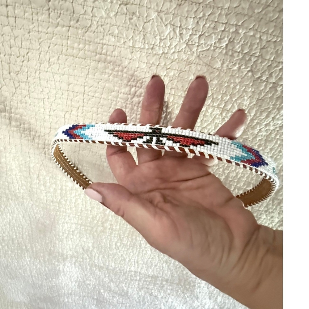 Southwestern Beaded Leather Belt Size‎ 38 Brown White Turquoise Tribal Western
